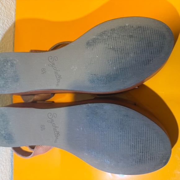 SEYCHELLES Monogram Flatform Brown Pebbled Leather Sandals Size 8.5 - Picture 6 of 12